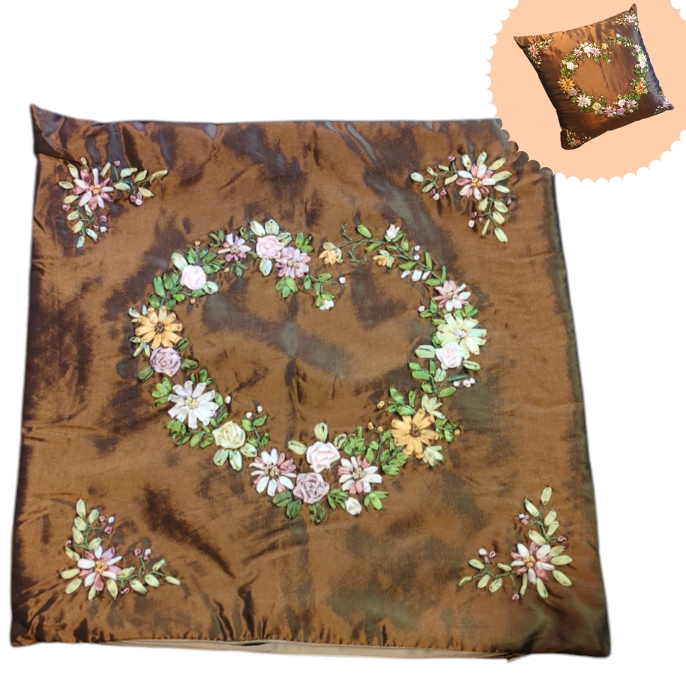 Embroidered Satin Pillow CASE ONLY, throw  cover, 3D floral ribbons, 18" x 18"